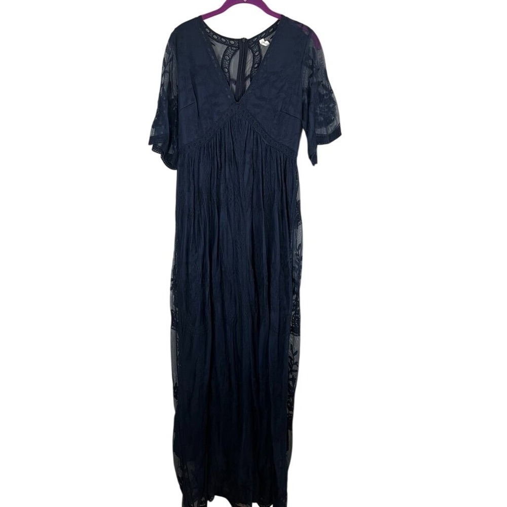 Floral Mesh Maxi Dress Blue M Lace Delicate Sheer Empire Waist Nautical Coastal